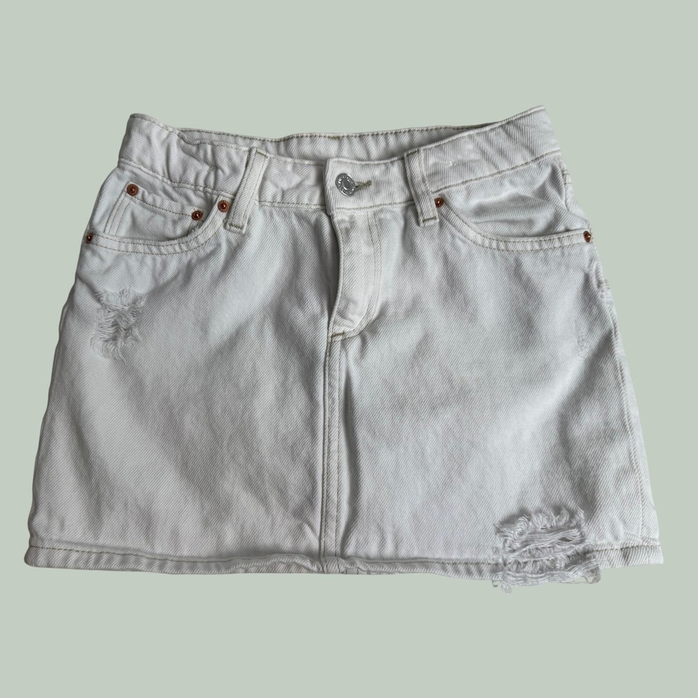 HM Kids White Distressed Denim Mini Skirt Adjustable Waist Size 12